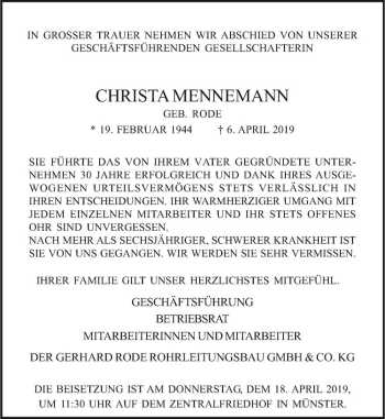 Anzeige von Christa Mennemann von Westfälische Nachrichten