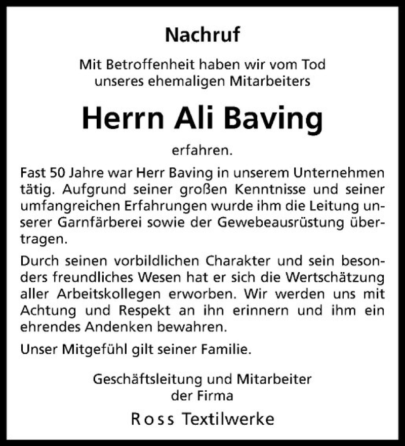  Traueranzeige für Ali Baving vom 24.04.2019 aus Westfälische Nachrichten
