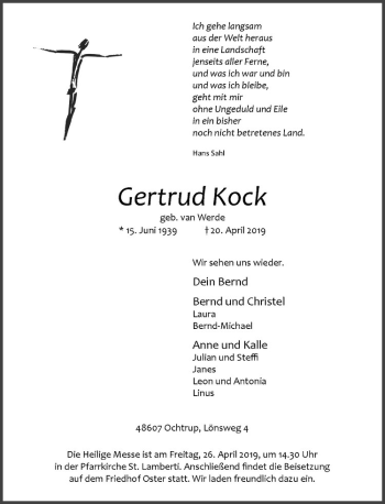 Anzeige von Gertrud Kock von Westfälische Nachrichten