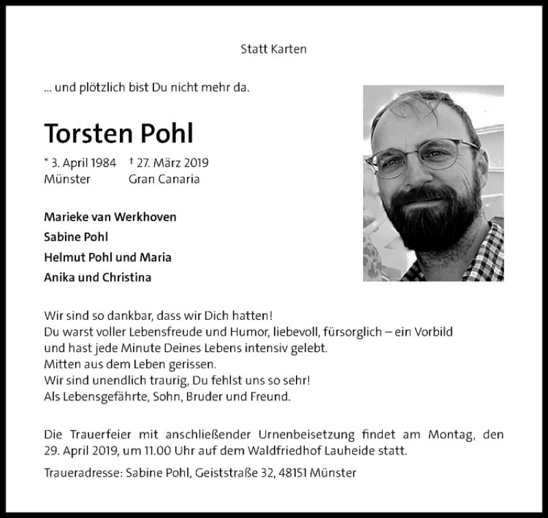  Traueranzeige für Torsten Pohl vom 19.04.2019 aus Westfälische Nachrichten