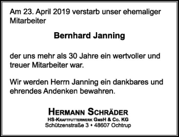 Anzeige von Bernhard Janning von Westfälische Nachrichten