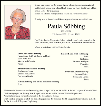 Anzeige von Paula Söbbing von Westfälische Nachrichten