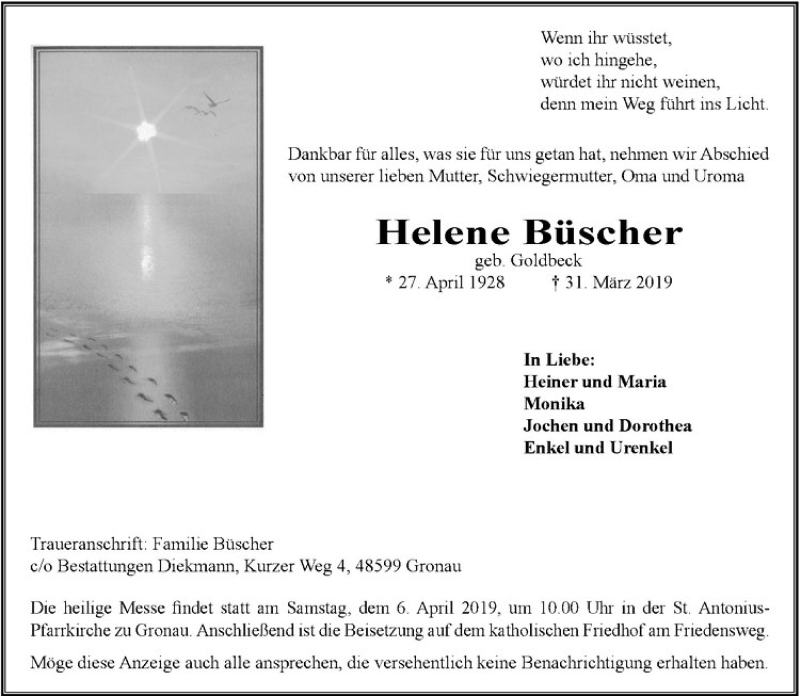  Traueranzeige für Helene Büscher vom 03.04.2019 aus Westfälische Nachrichten