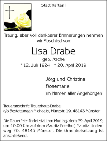 Anzeige von Lisa Drabe von Westfälische Nachrichten