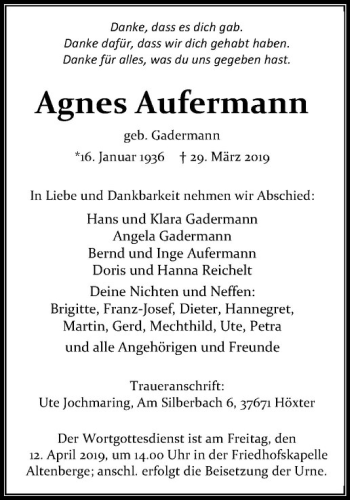 Anzeige von Agnes Aufermann von Westfälische Nachrichten