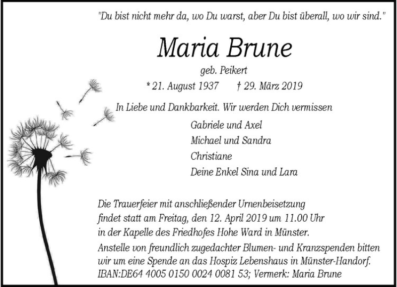  Traueranzeige für Maria Brune vom 06.04.2019 aus Westfälische Nachrichten