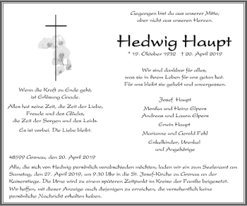 Anzeige von Hedwig Haupt von Westfälische Nachrichten