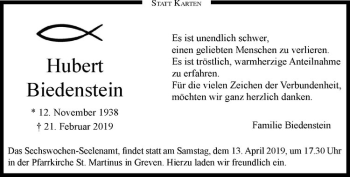 Anzeige von Hubert Biedensein von Westfälische Nachrichten