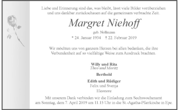 Anzeige von Margret Niehoff von Westfälische Nachrichten