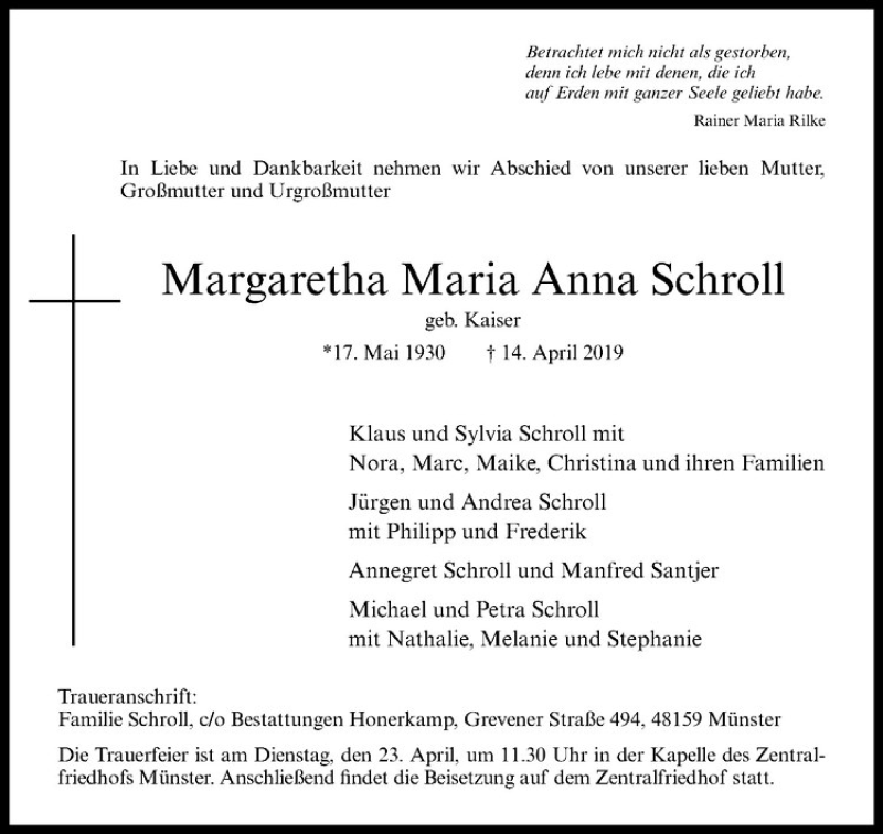  Traueranzeige für Margaretha Maria Anna Scholl vom 19.04.2019 aus Westfälische Nachrichten