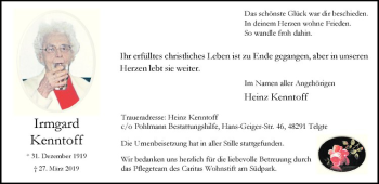 Anzeige von Irmgard Kenntoff von Westfälische Nachrichten