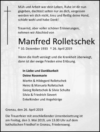 Anzeige von Manfred Rolletschek von Westfälische Nachrichten