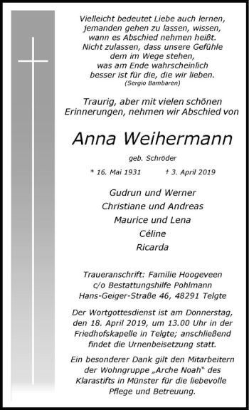Anzeige von Anna Weihermann von Westfälische Nachrichten