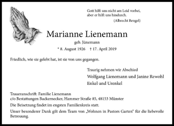 Anzeige von Marianne Lienemann von Westfälische Nachrichten
