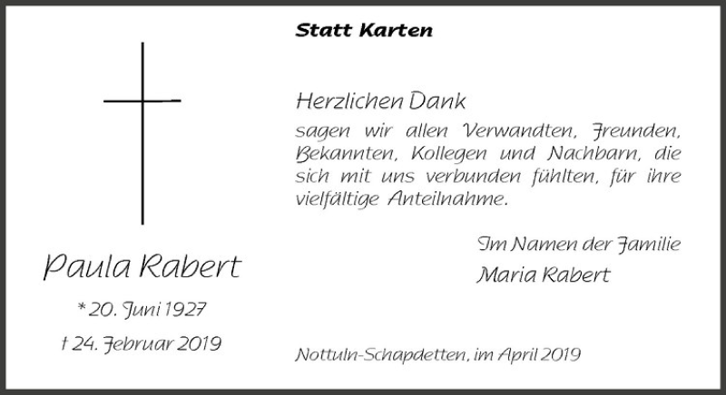  Traueranzeige für Paula Rabert vom 13.04.2019 aus Westfälische Nachrichten