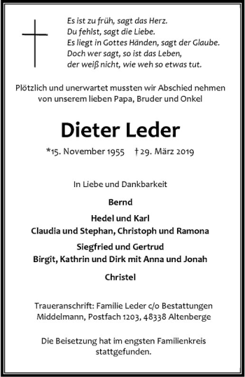 Anzeige von Dieter Leder von Westfälische Nachrichten