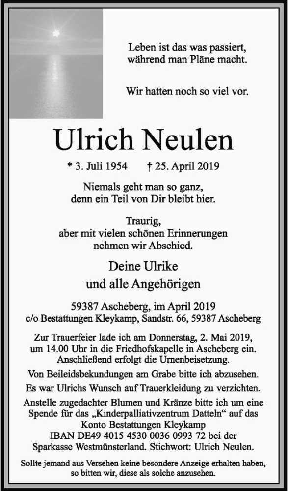  Traueranzeige für Ulrich Neulen vom 27.04.2019 aus Westfälische Nachrichten