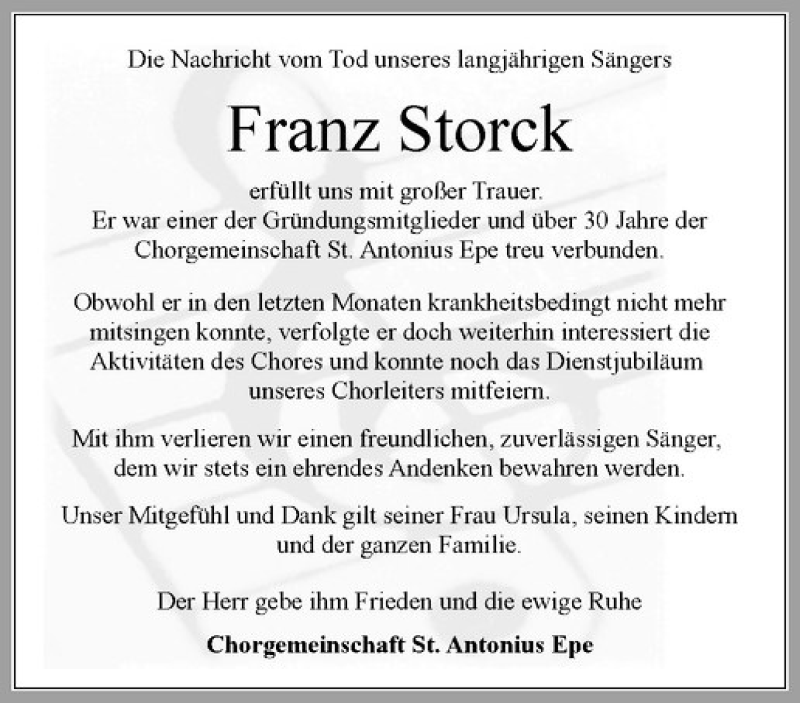  Traueranzeige für Franz Storck vom 11.04.2019 aus Westfälische Nachrichten