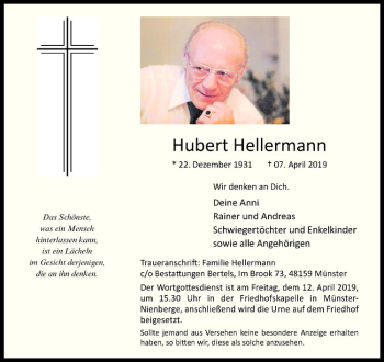 Anzeige von Hubert Hellermann von Westfälische Nachrichten