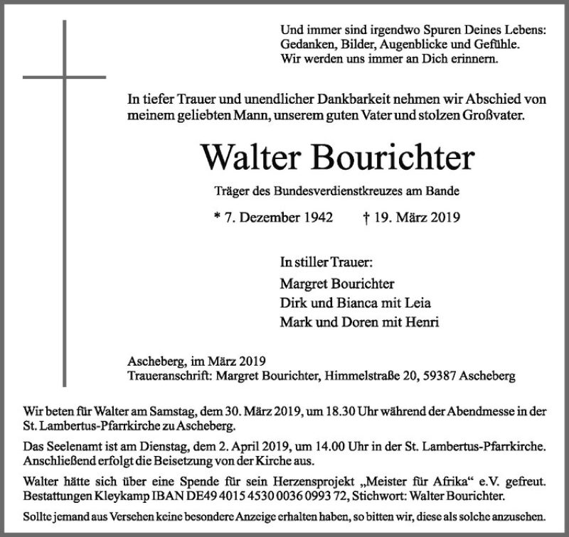  Traueranzeige für Walter Bourichter vom 27.03.2019 aus Westfälische Nachrichten