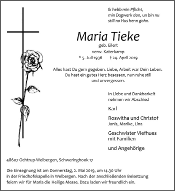 Anzeige von Maria Tieke von Westfälische Nachrichten