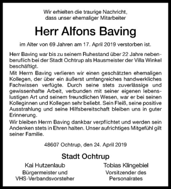 Anzeige von Ali Baving von Westfälische Nachrichten