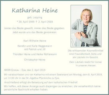 Anzeige von Katharina Heine von Westfälische Nachrichten