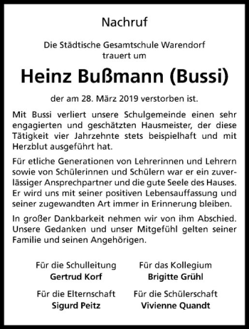 Anzeige von Heinz Bußmann von Westfälische Nachrichten