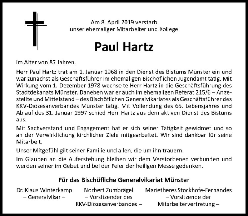  Traueranzeige für Paul Hartz vom 19.04.2019 aus Westfälische Nachrichten