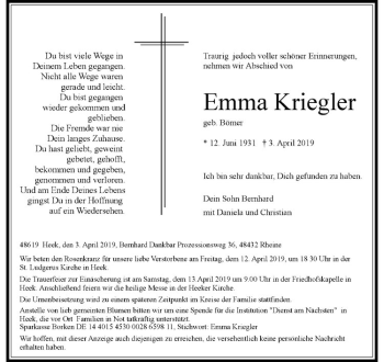 Anzeige von Emma Kriegler von Westfälische Nachrichten