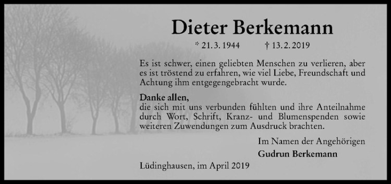 Traueranzeige für Dieter Berkemann vom 01.04.2019 aus Westfälische Nachrichten