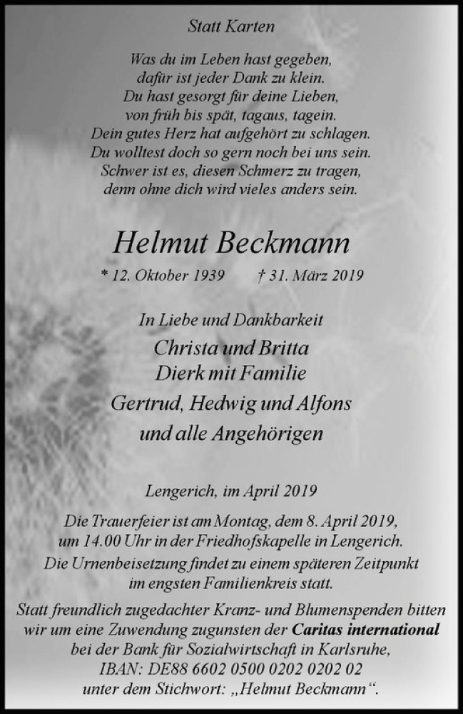  Traueranzeige für Helmut Beckmann vom 04.04.2019 aus Westfälische Nachrichten