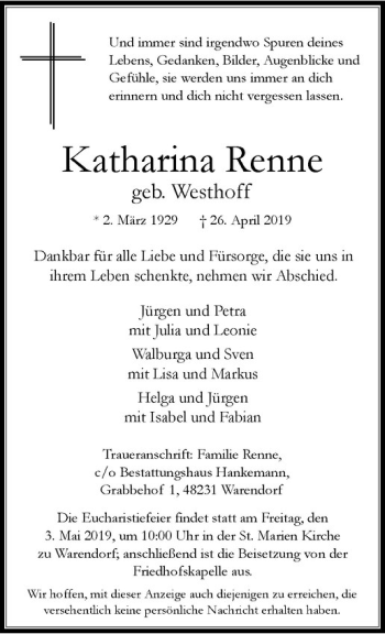 Anzeige von Katharina Renne von Westfälische Nachrichten