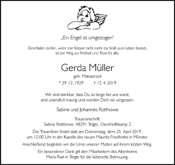 Anzeige von Gerda Müller von Westfälische Nachrichten