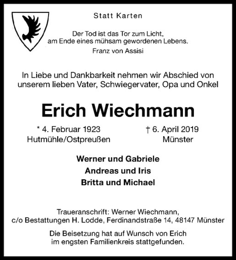  Traueranzeige für Erich Wiechmann vom 13.04.2019 aus Westfälische Nachrichten