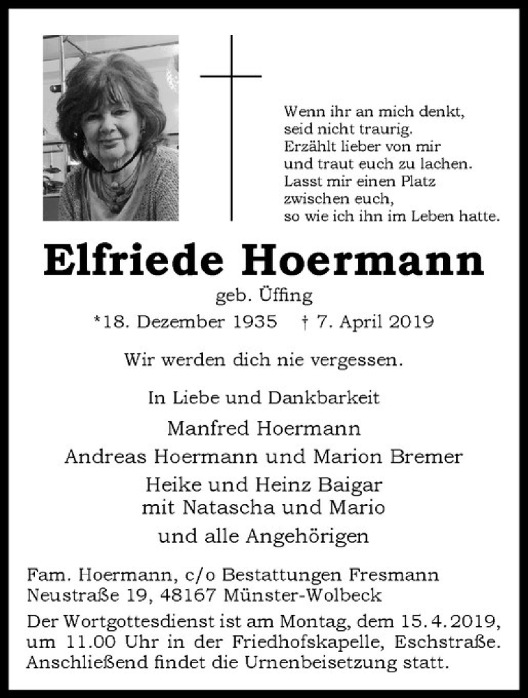  Traueranzeige für Elfriede Hoermann vom 13.04.2019 aus Westfälische Nachrichten