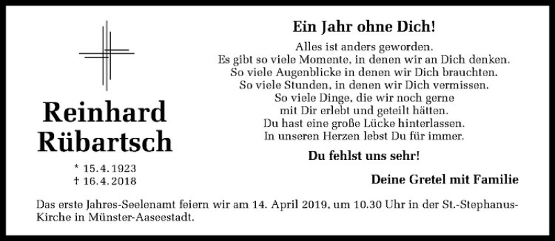  Traueranzeige für Reinhard Rübartsch vom 10.04.2019 aus Westfälische Nachrichten