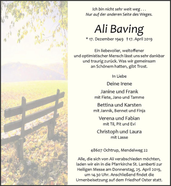 Anzeige von Ali Baving von Westfälische Nachrichten