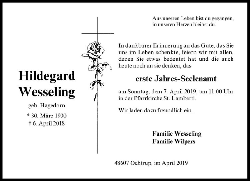 Traueranzeige für Hildegard Wesseling vom 04.04.2019 aus Westfälische Nachrichten