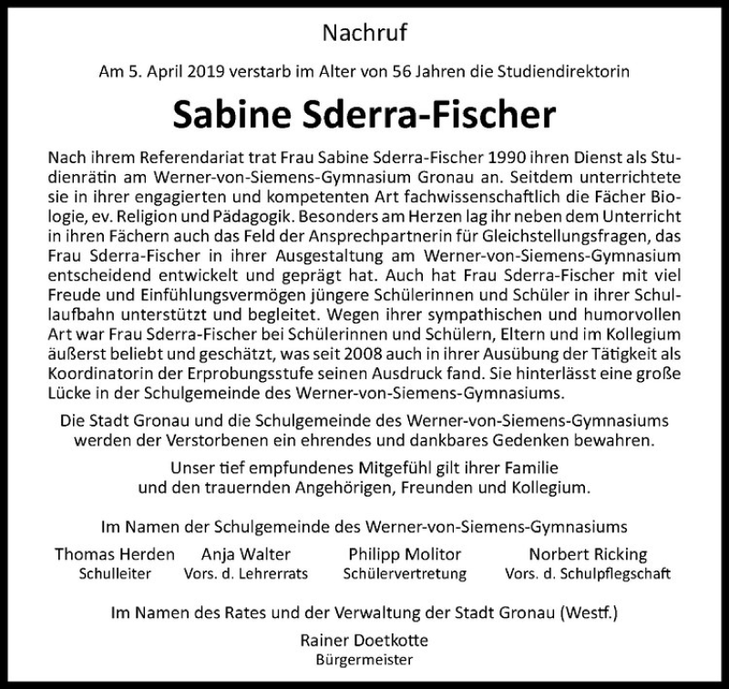  Traueranzeige für Sabine Sderra-Fischer vom 13.04.2019 aus Westfälische Nachrichten