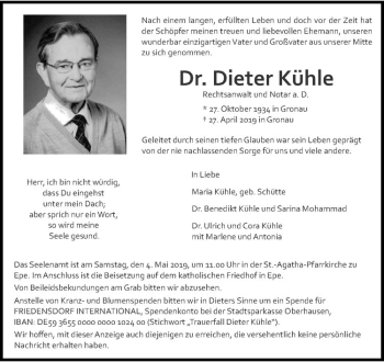 Anzeige von Dieter Kühle von Westfälische Nachrichten