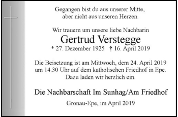 Anzeige von Gertrud Verstegge von Westfälische Nachrichten
