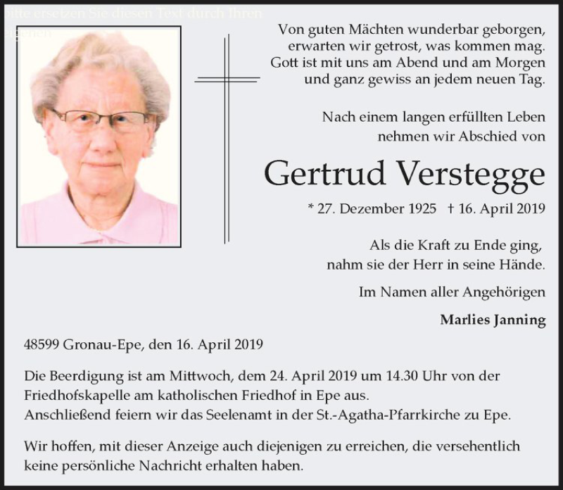  Traueranzeige für Gertrud Verstegge vom 19.04.2019 aus Westfälische Nachrichten