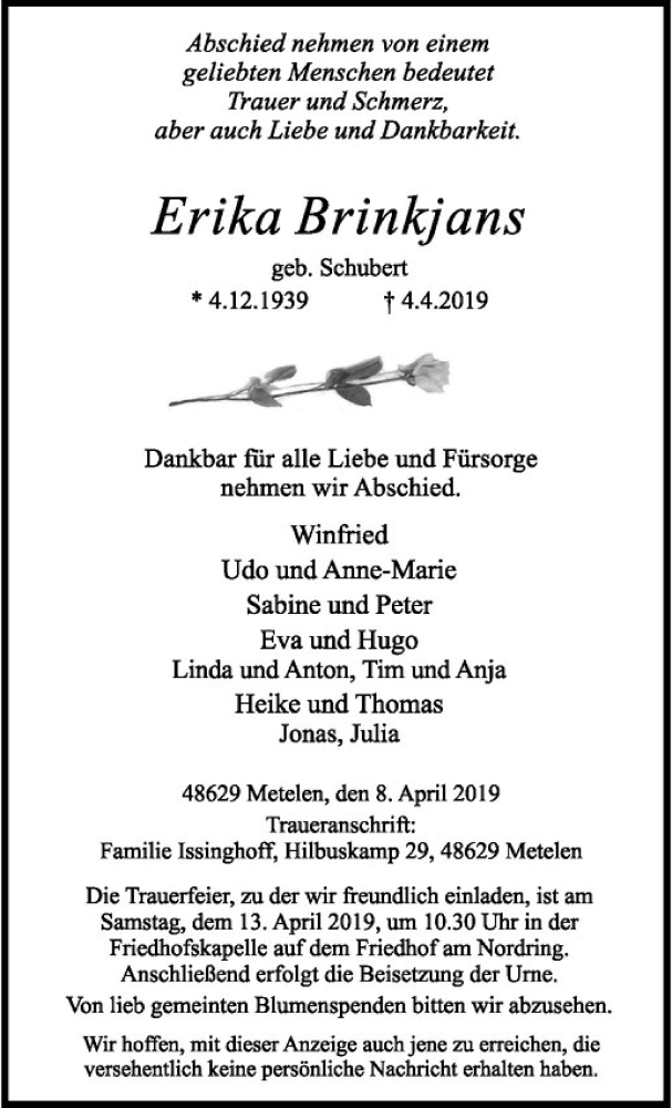  Traueranzeige für Erika Brinkjans vom 09.04.2019 aus Westfälische Nachrichten
