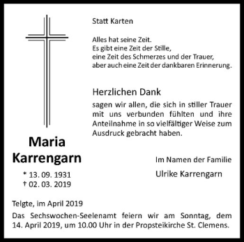 Anzeige von Maria Karrengarn von Westfälische Nachrichten