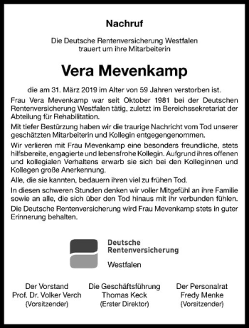 Anzeige von Vera Mevenkamp von Westfälische Nachrichten