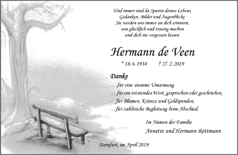  Traueranzeige für Hermann de Veen vom 06.04.2019 aus Westfälische Nachrichten