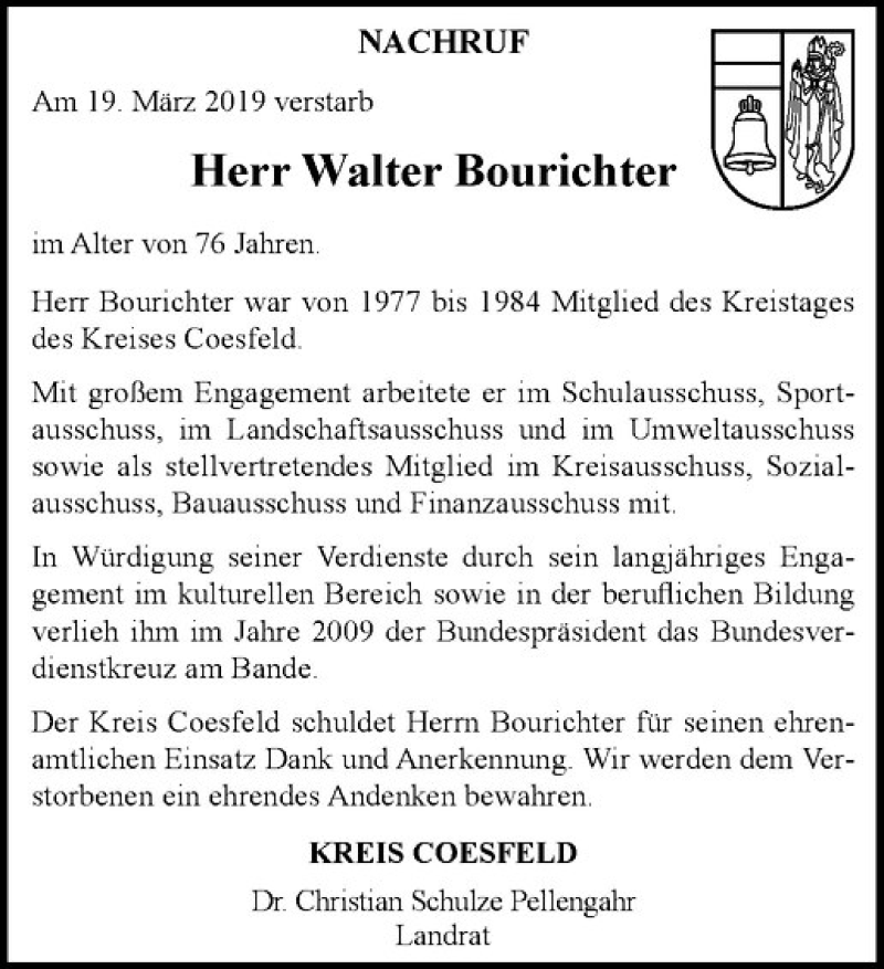  Traueranzeige für Walter Bourichter vom 29.03.2019 aus Westfälische Nachrichten