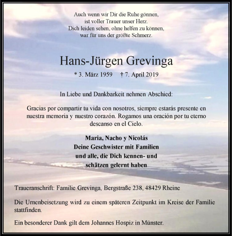  Traueranzeige für Hans-Jürgen Grevinga vom 13.04.2019 aus Westfälische Nachrichten