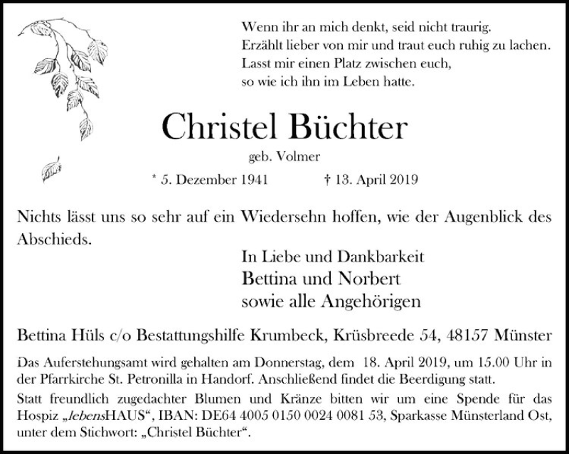  Traueranzeige für Christel Büchter vom 16.04.2019 aus Westfälische Nachrichten